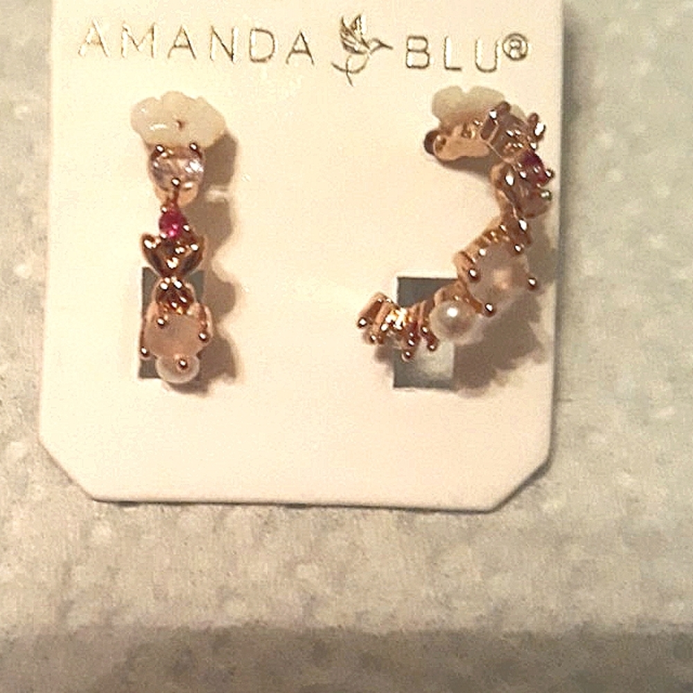 CZ Stud Earrings 18kt gold pearls pink Gold plated NEW NWT